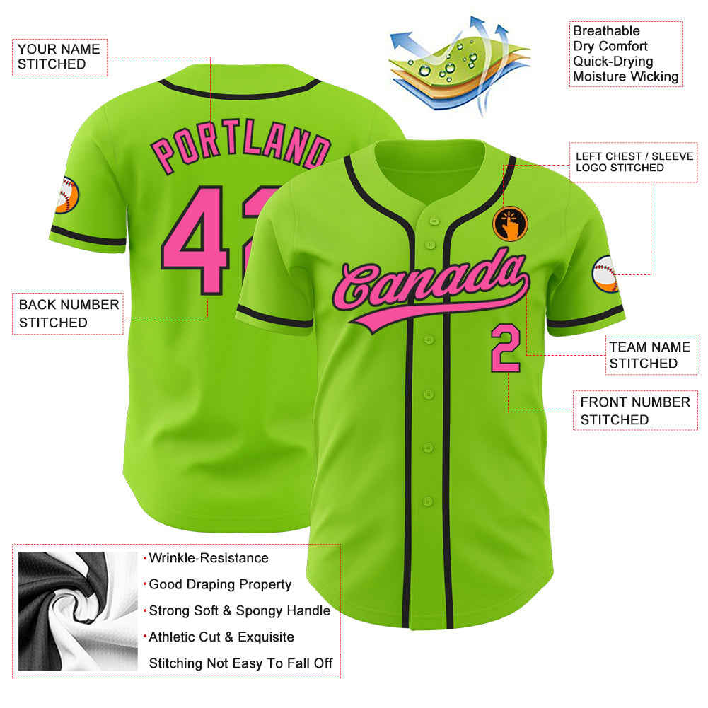 Custom Neon Green Pink-Black Authentic Baseball Jersey view 3