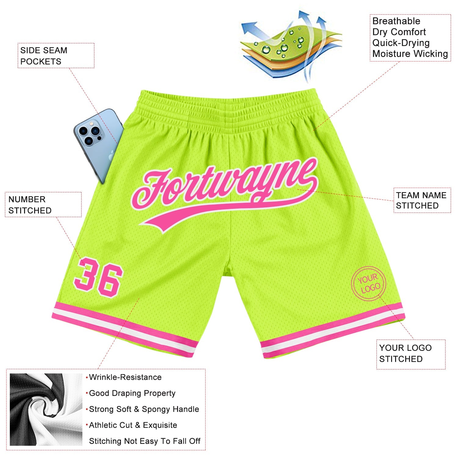 Custom Neon Green Pink-White Authentic Throwback Basketball Shorts view 2