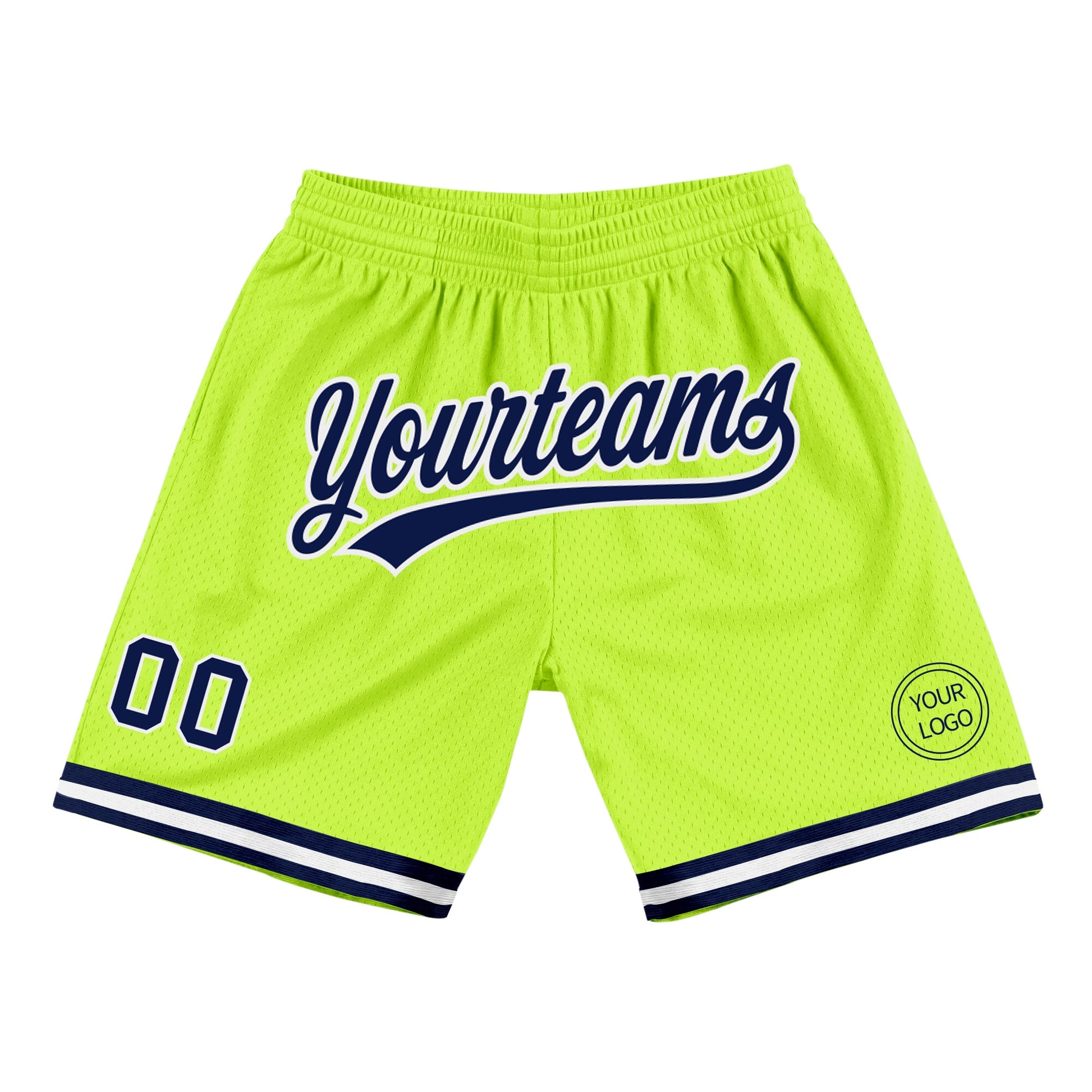 Custom Neon Green Navy-White Authentic Throwback Basketball Shorts - Main View