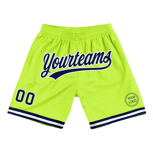 Custom Neon Green Navy-White Authentic Throwback Basketball Shorts - Main View