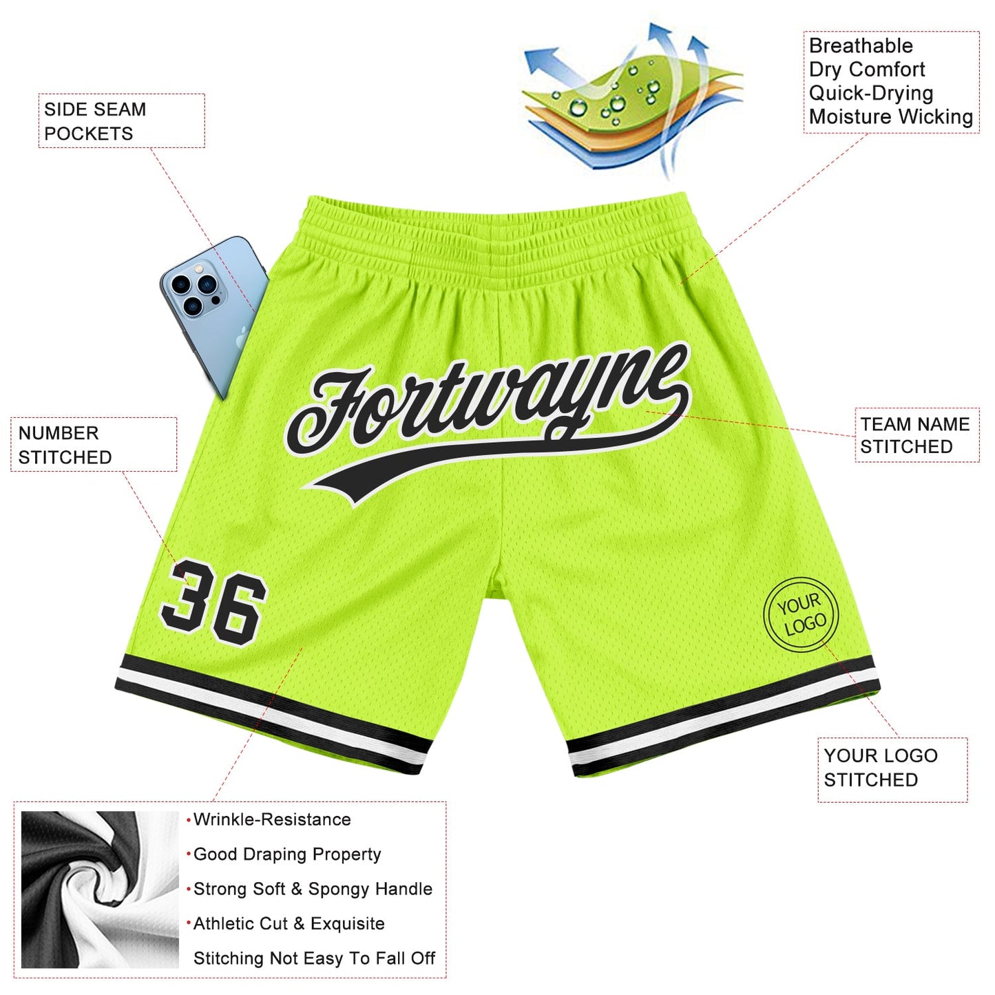 Custom Neon Green Black-White Authentic Throwback Basketball Shorts view 2