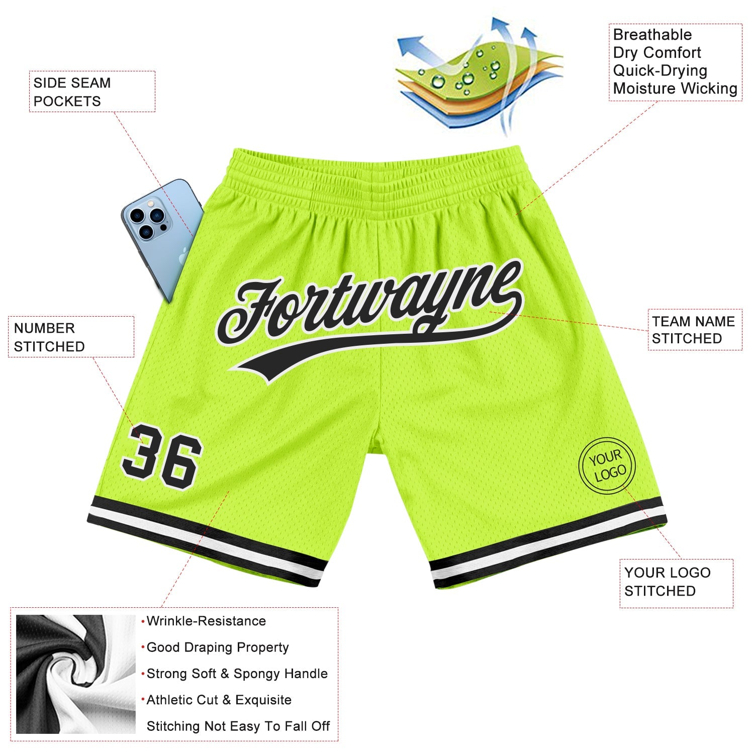 Custom Neon Green Black-White Authentic Throwback Basketball Shorts view 2