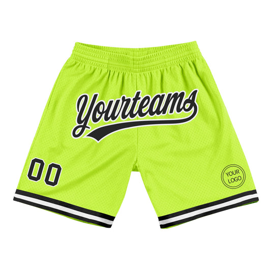 Custom Neon Green Black-White Authentic Throwback Basketball Shorts - Main View