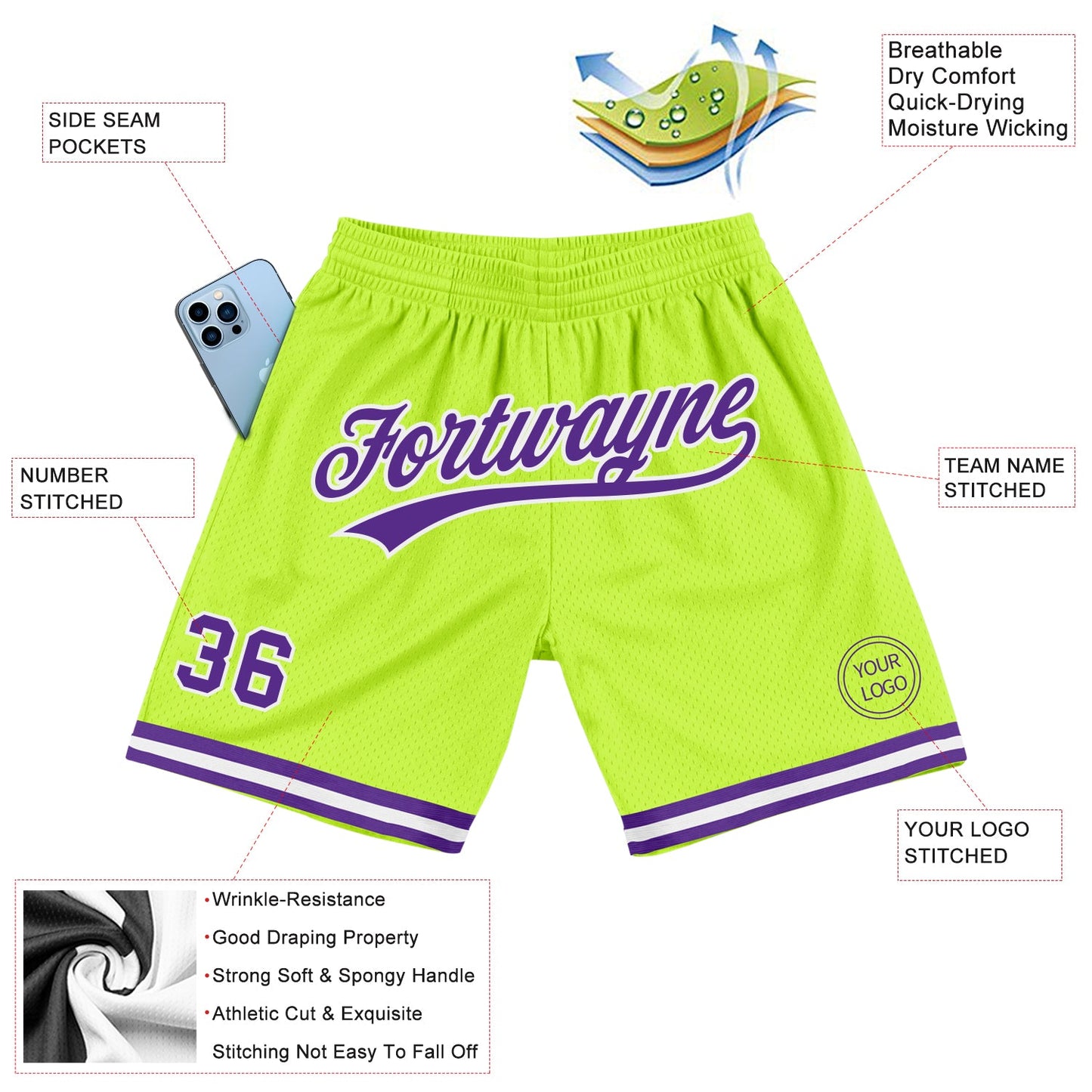 Custom Neon Green Purple-White Authentic Throwback Basketball Shorts view 2
