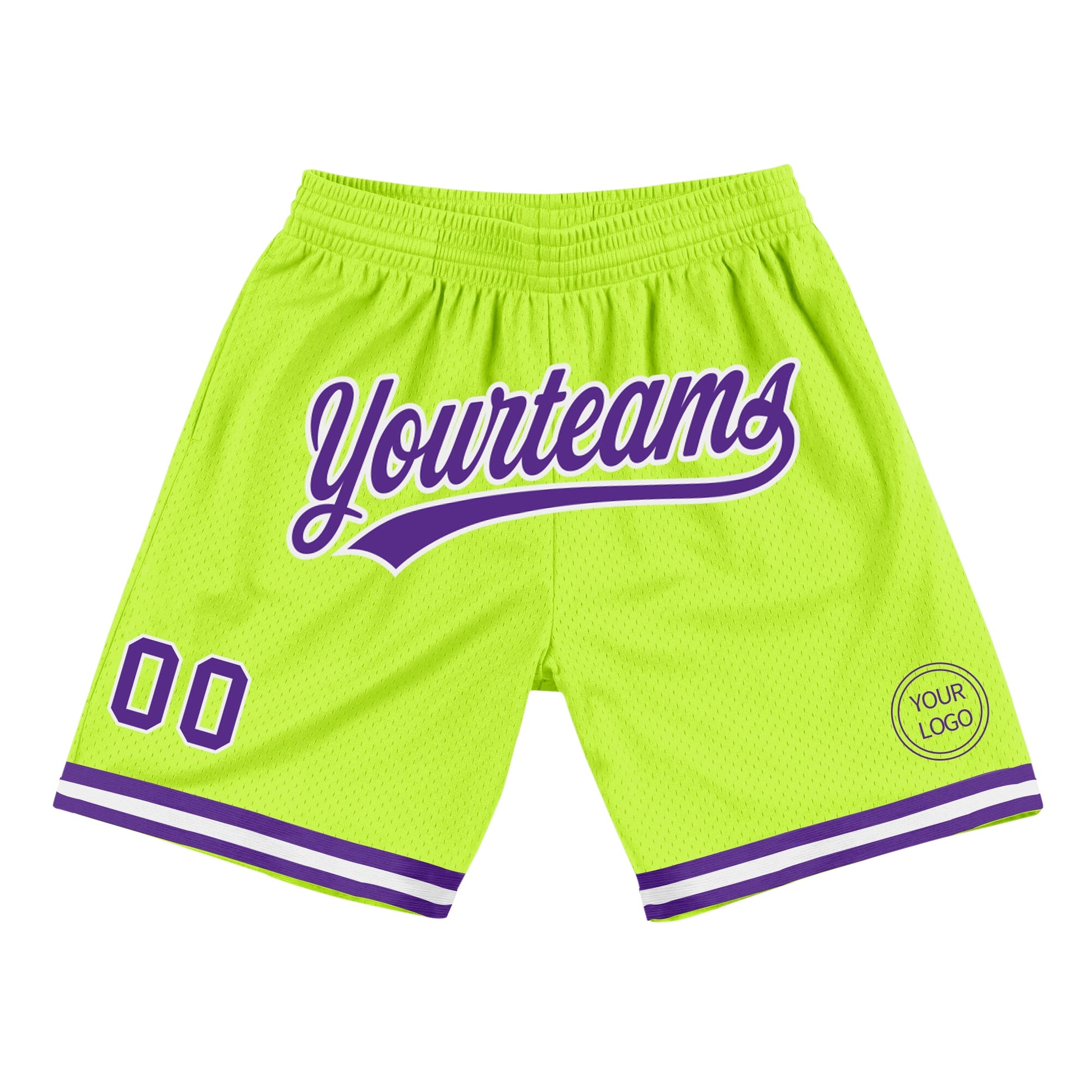 Custom Neon Green Purple-White Authentic Throwback Basketball Shorts - Main View