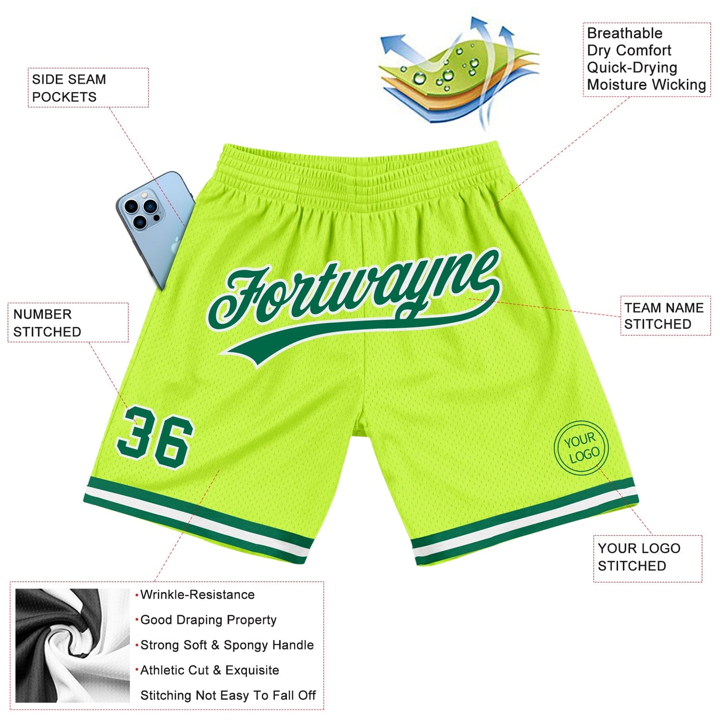 Custom Neon Green Kelly Green-White Authentic Throwback Basketball Shorts view 2