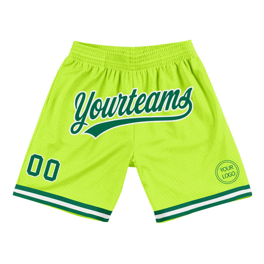 Custom Neon Green Kelly Green-White Authentic Throwback Basketball Shorts - Main View