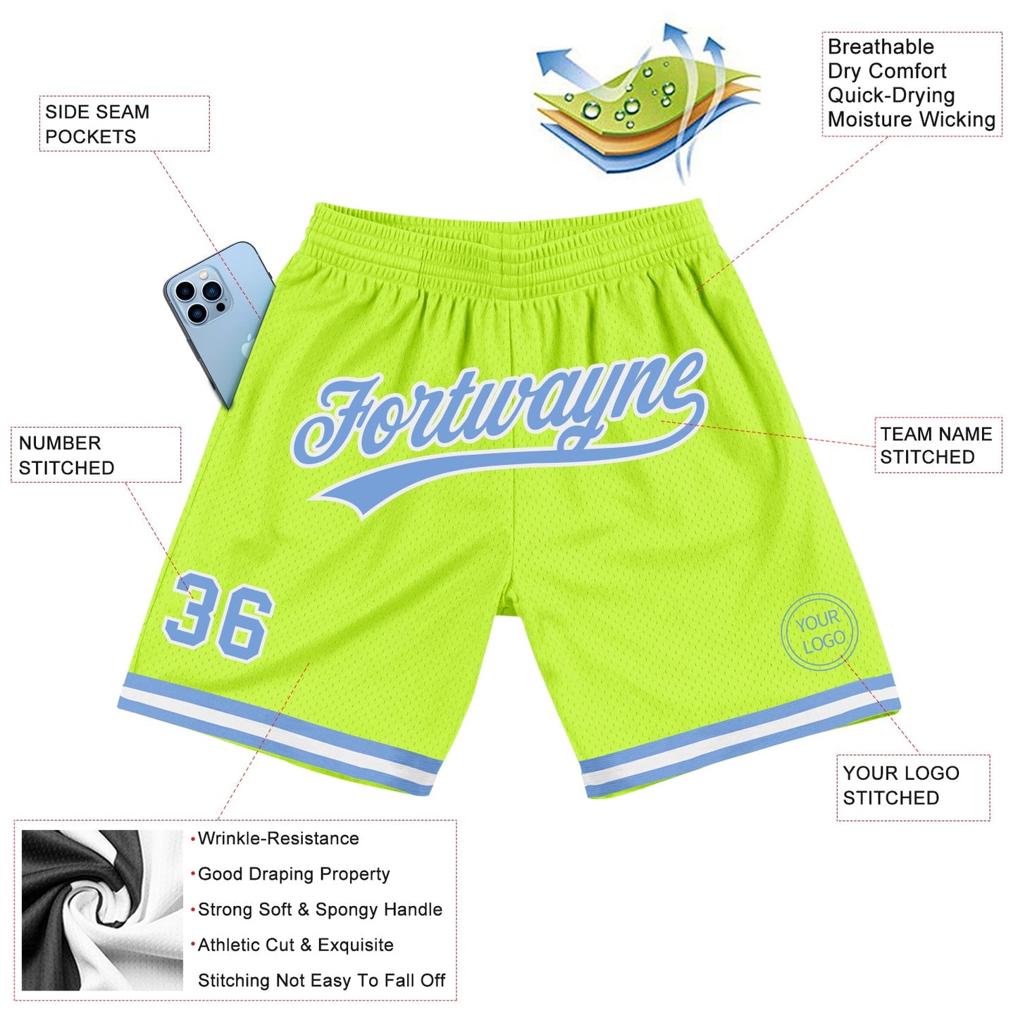 Custom Neon Green Light Blue-White Authentic Throwback Basketball Shorts view 2