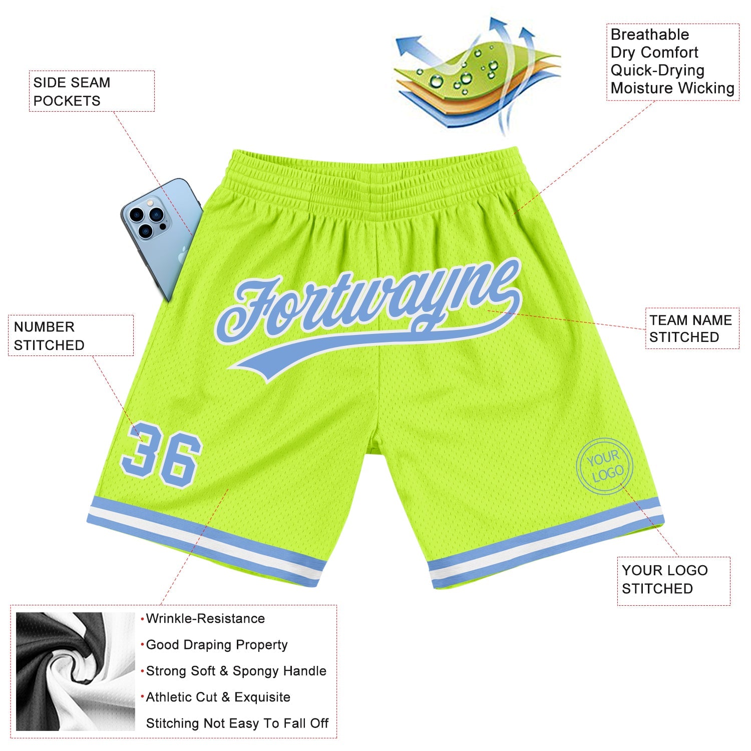 Custom Neon Green Light Blue-White Authentic Throwback Basketball Shorts view 2