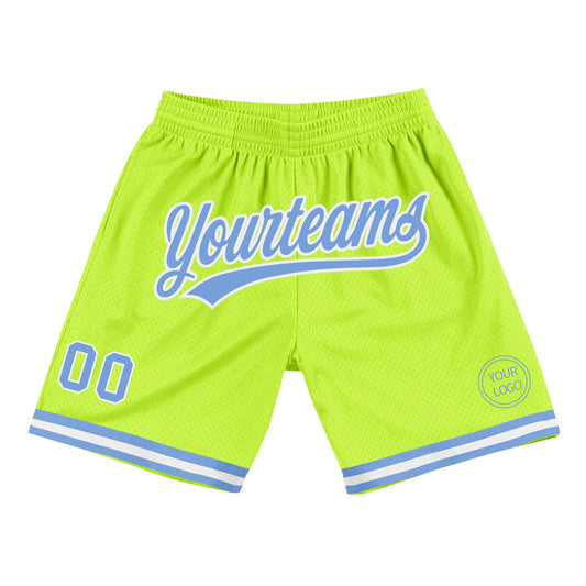 Custom Neon Green Light Blue-White Authentic Throwback Basketball Shorts - Main View