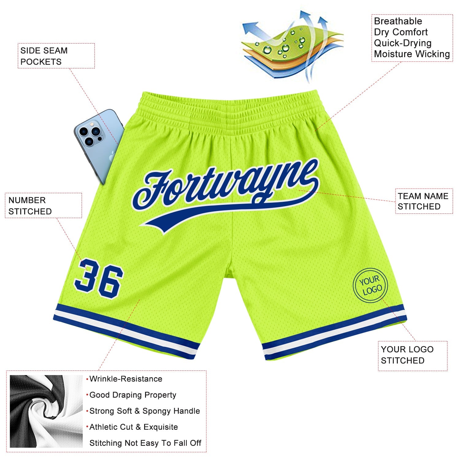 Custom Neon Green Royal-White Authentic Throwback Basketball Shorts view 2