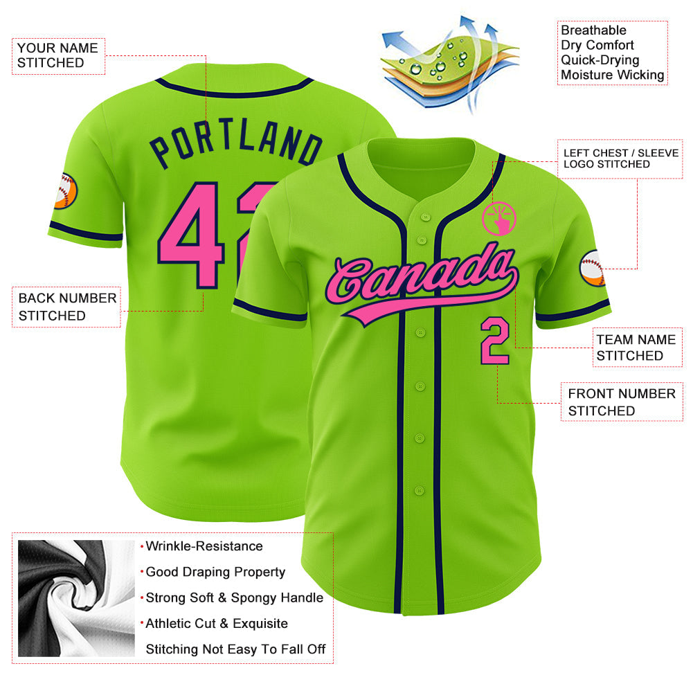 Custom Neon Green Pink-Navy Authentic Baseball Jersey view 3