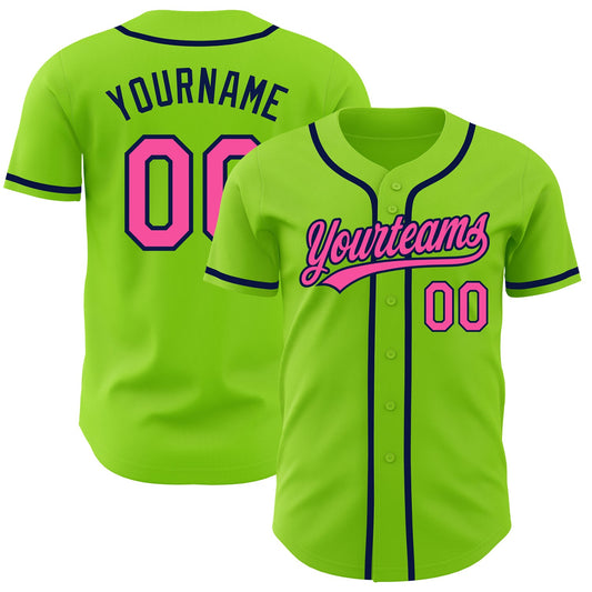 Custom Neon Green Pink-Navy Authentic Baseball Jersey - Main View