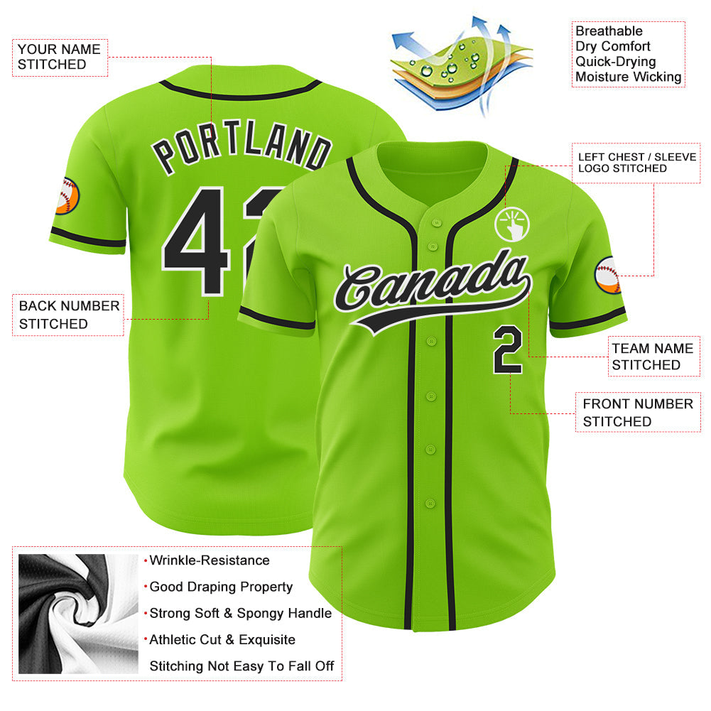 Custom Neon Green Black-White Authentic Baseball Jersey view 3