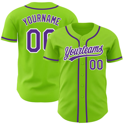 Custom Neon Green Purple-White Authentic Baseball Jersey - Main View