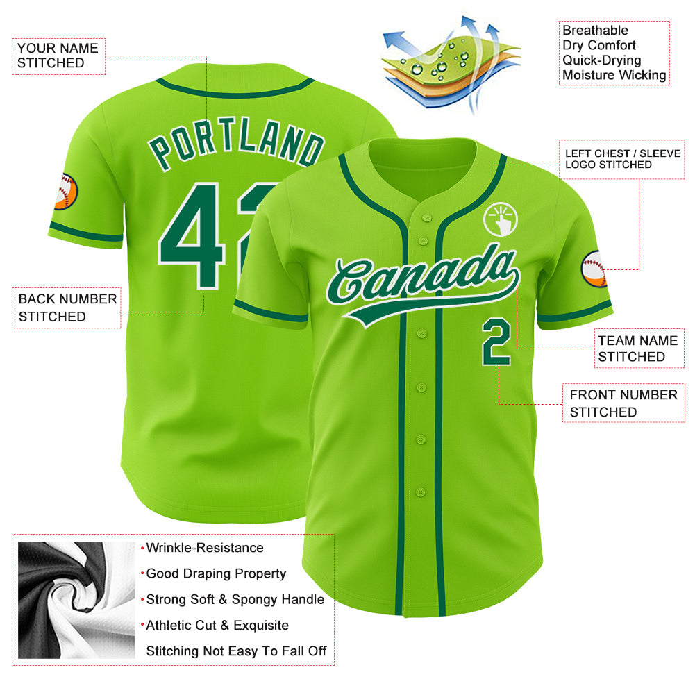 Custom Neon Green Kelly Green-White Authentic Baseball Jersey view 3