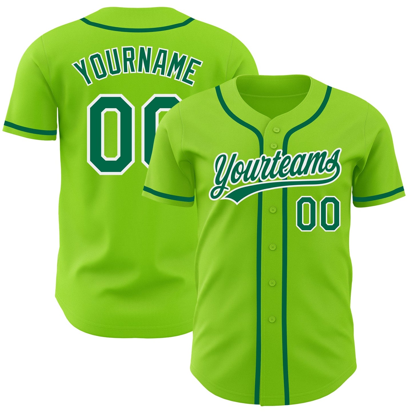 Custom Neon Green Kelly Green-White Authentic Baseball Jersey - Main View