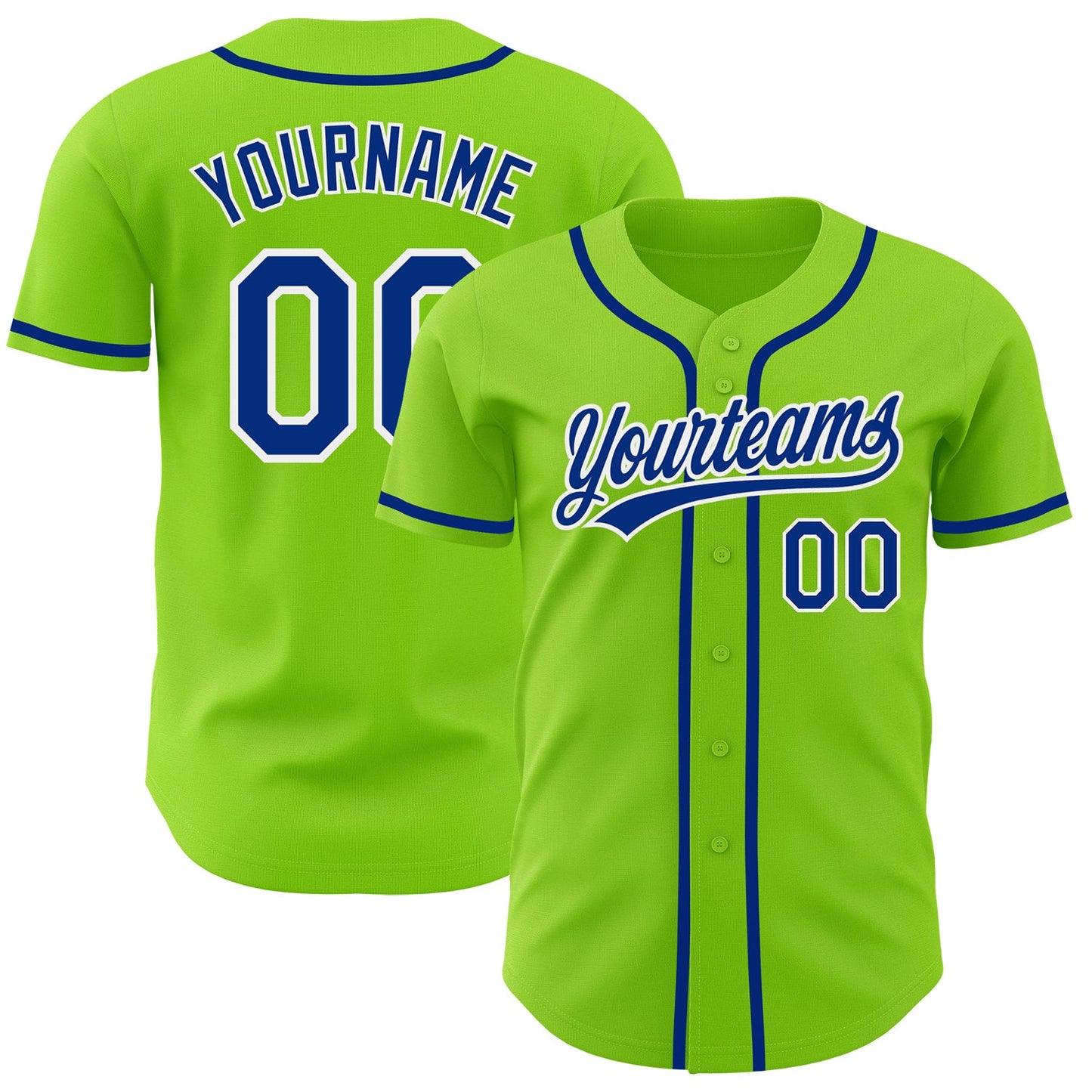 Custom Neon Green Royal-White Authentic Baseball Jersey - Main View