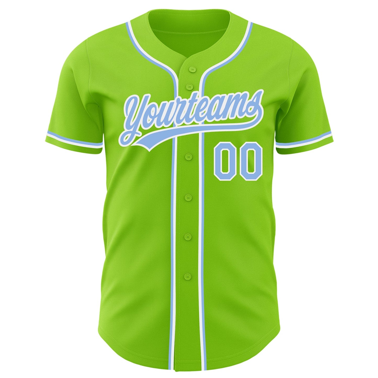 Custom Neon Green Light Blue-White Authentic Baseball Jersey view 2