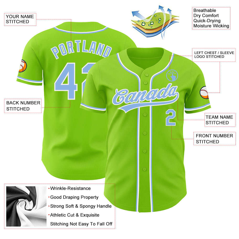 Custom Neon Green Light Blue-White Authentic Baseball Jersey view 3