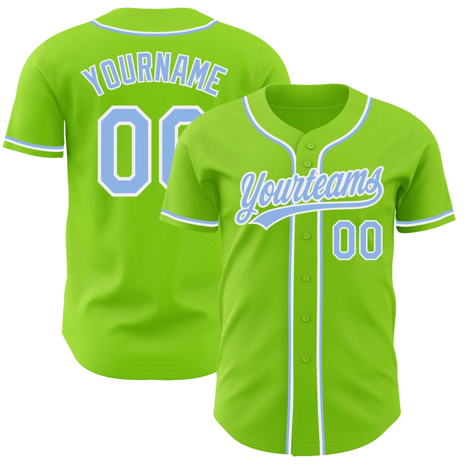Custom Neon Green Light Blue-White Authentic Baseball Jersey - Main View