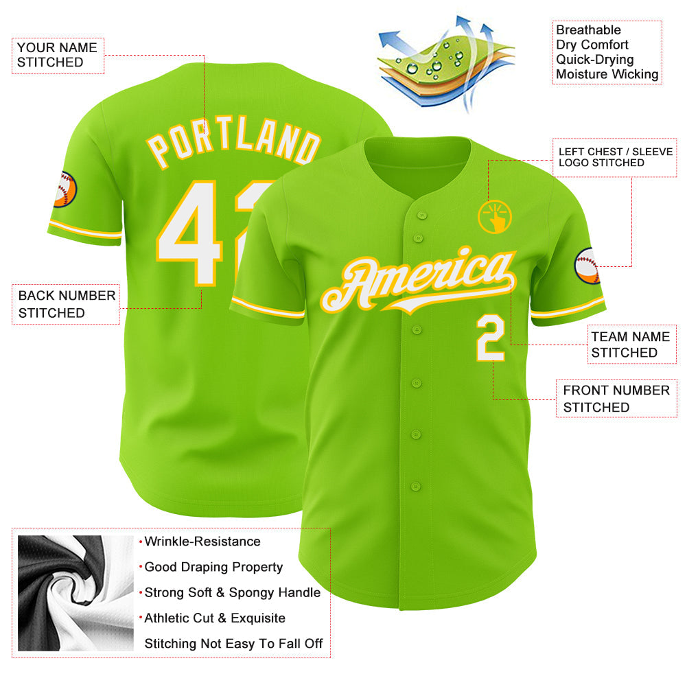 Custom Neon Green White-Yellow Authentic Baseball Jersey view 3