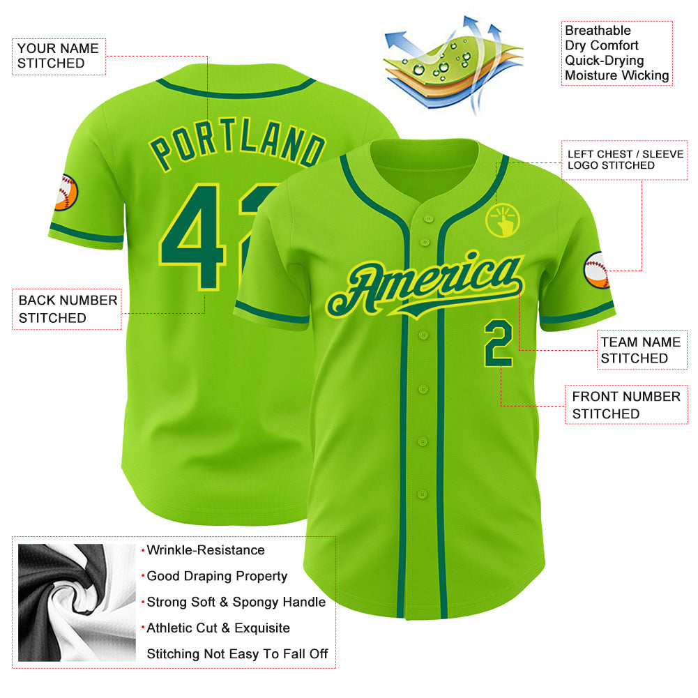 Custom Neon Green Kelly Green-Neon Yellow Authentic Baseball Jersey view 3