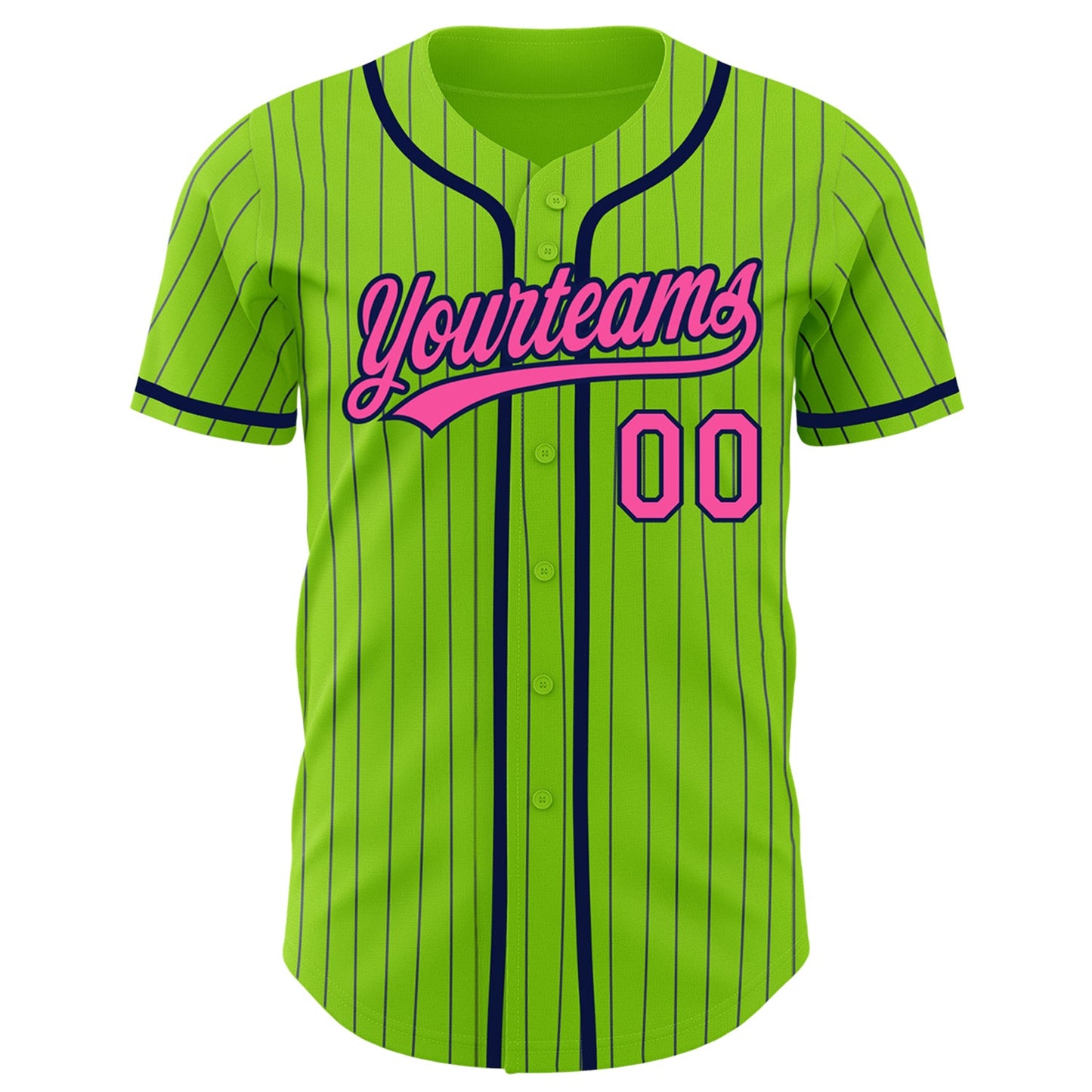 Custom Neon Green Navy Pinstripe Pink Authentic Baseball Jersey view 2