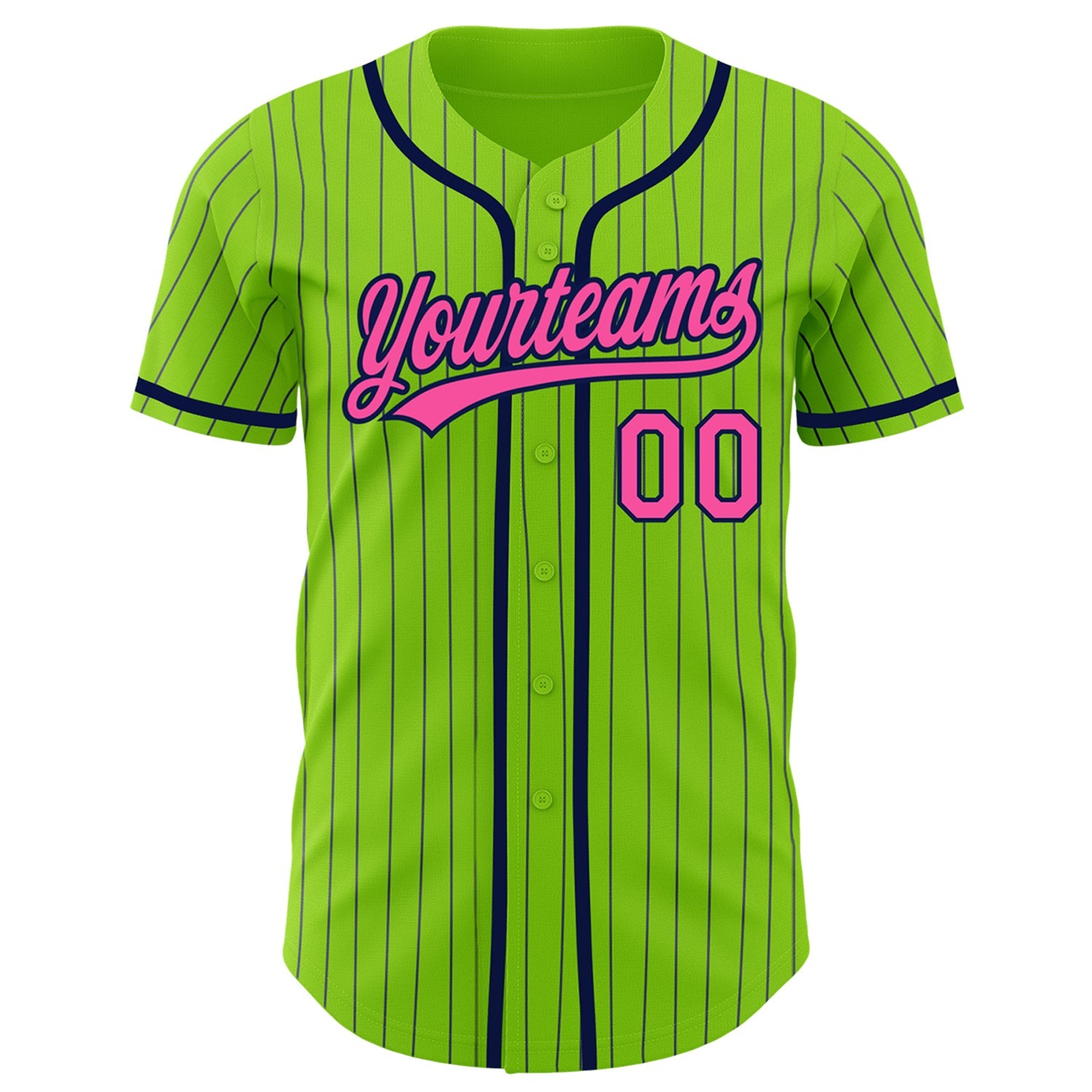 Custom Neon Green Navy Pinstripe Pink Authentic Baseball Jersey view 2