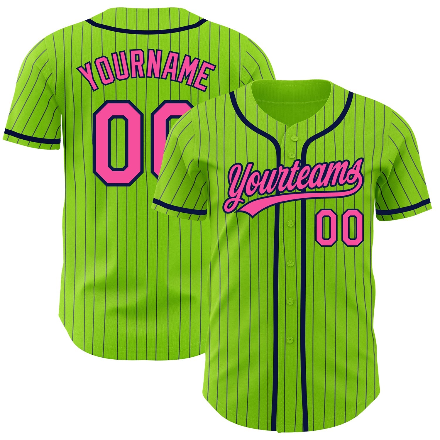 Custom Neon Green Navy Pinstripe Pink Authentic Baseball Jersey - Main View