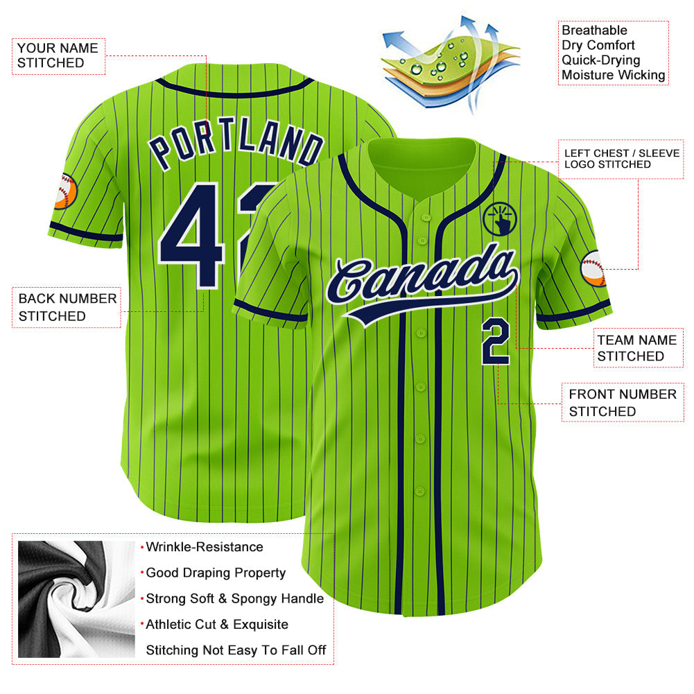 Custom Neon Green Navy Pinstripe White Authentic Baseball Jersey view 3