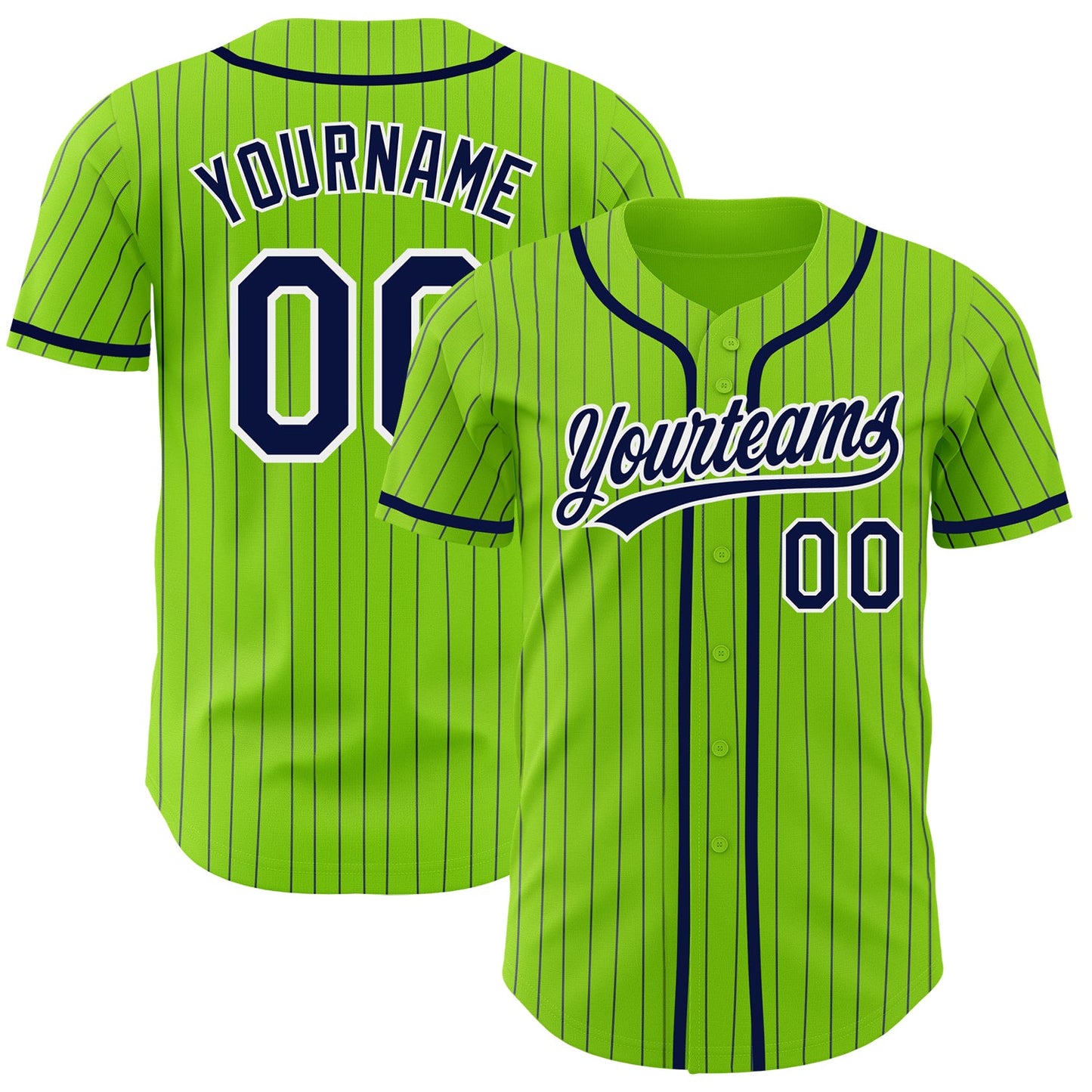 Custom Neon Green Navy Pinstripe White Authentic Baseball Jersey - Main View