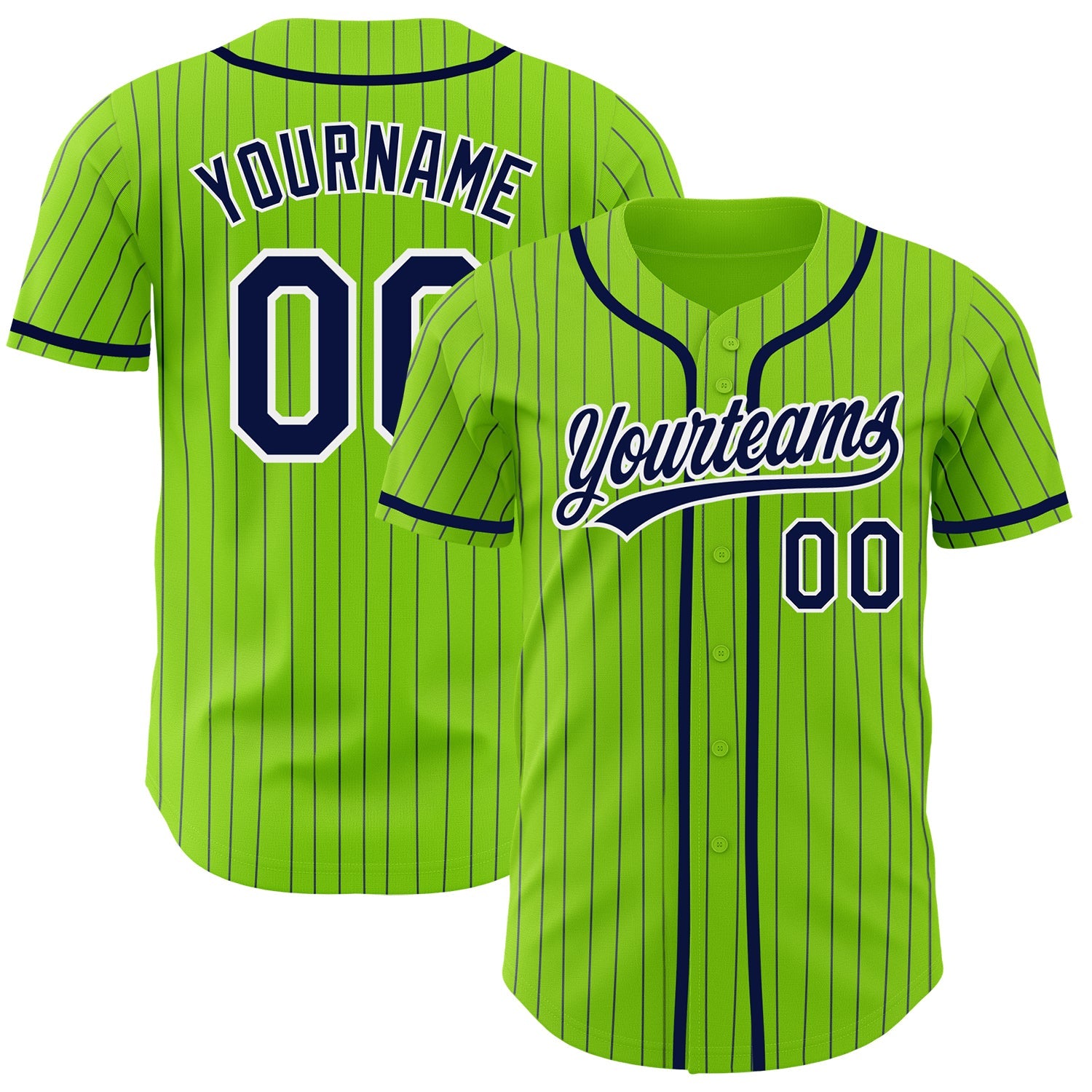 Custom Neon Green Navy Pinstripe White Authentic Baseball Jersey - Main View