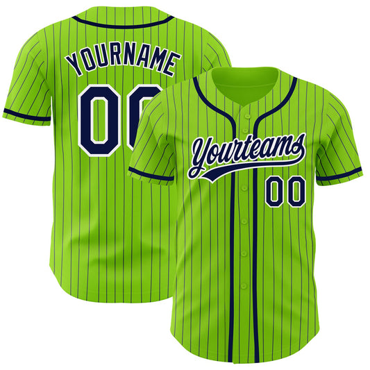 Custom Neon Green Navy Pinstripe White Authentic Baseball Jersey - Main View