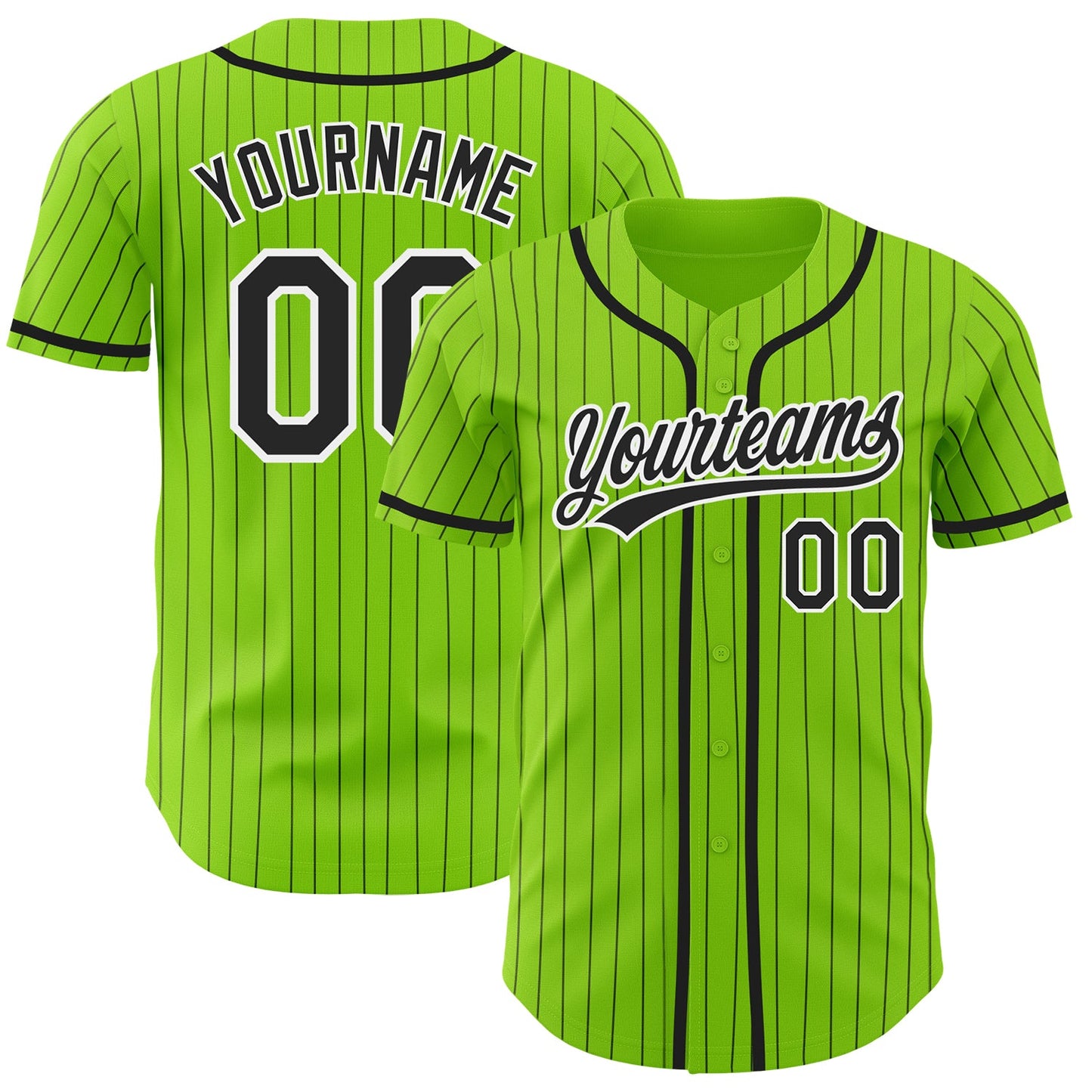 Custom Neon Green Black Pinstripe White Authentic Baseball Jersey - Main View