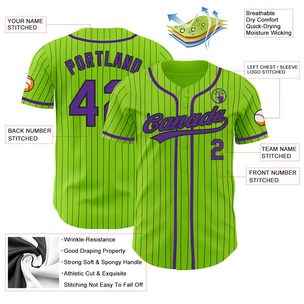 Custom Neon Green Black Pinstripe Purple Authentic Baseball Jersey view 3