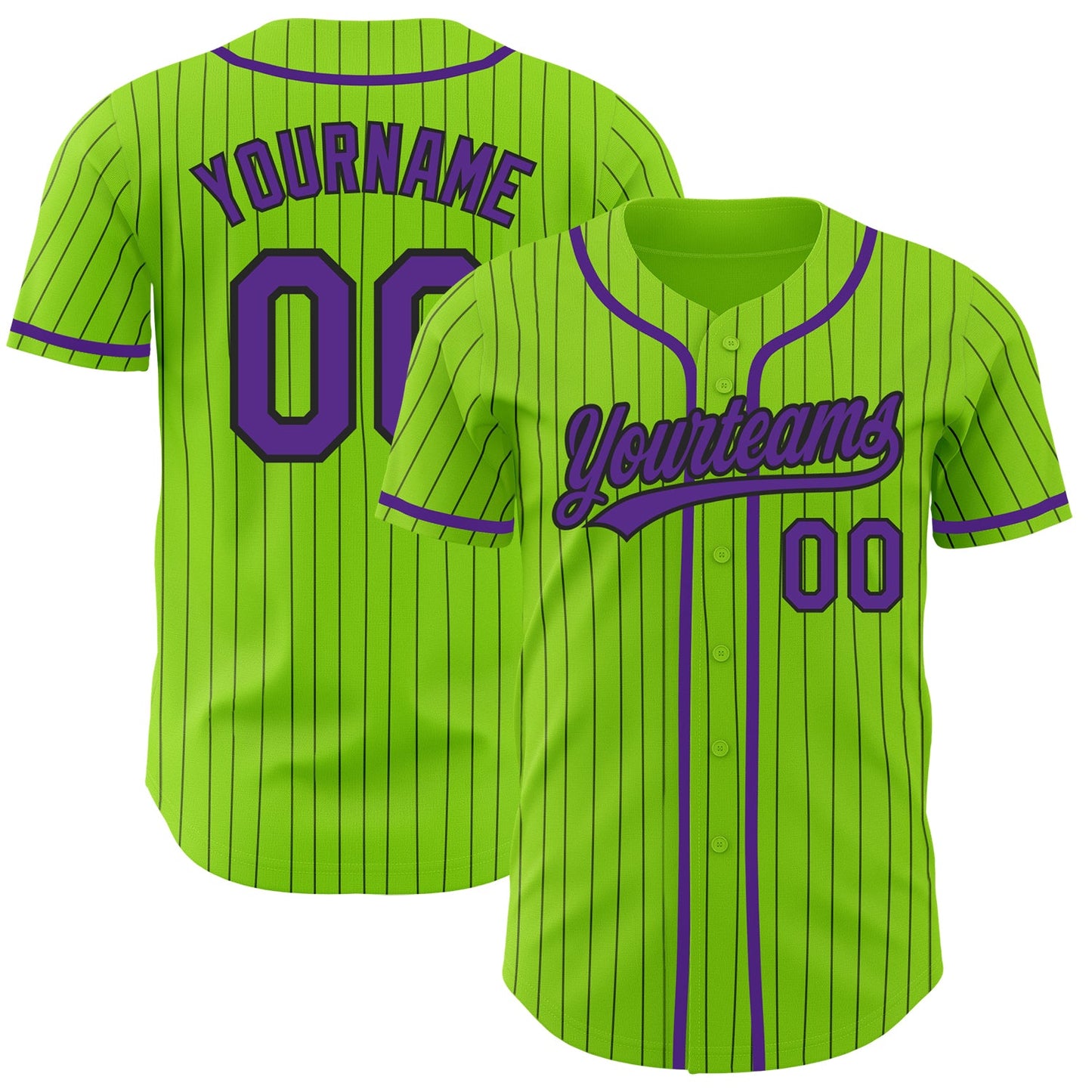 Custom Neon Green Black Pinstripe Purple Authentic Baseball Jersey - Main View