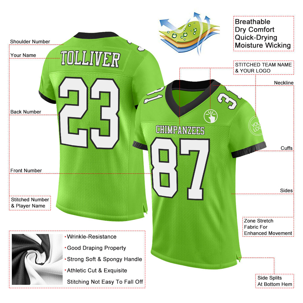 Custom Neon Green White-Black Mesh Authentic Football Jersey view 2