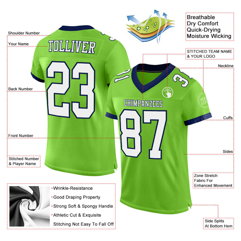 Custom Neon Green White-Navy Mesh Authentic Football Jersey view 2