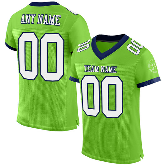 Custom Neon Green White-Navy Mesh Authentic Football Jersey - Main View