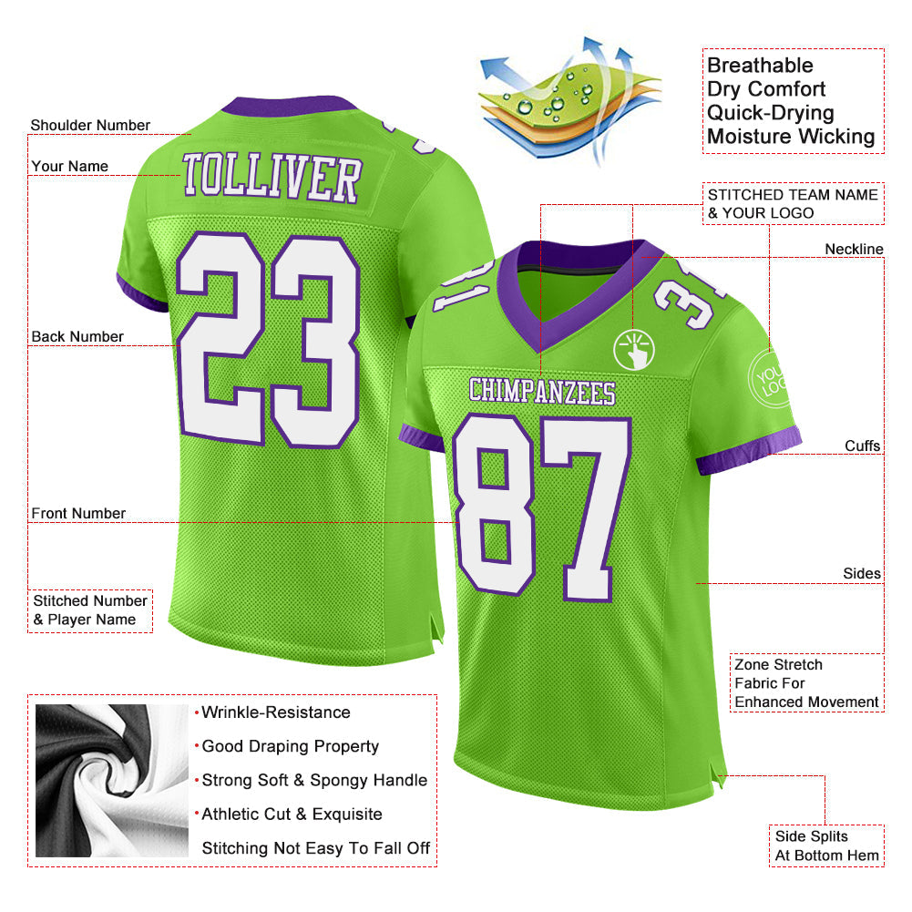 Custom Neon Green White-Purple Mesh Authentic Football Jersey view 2