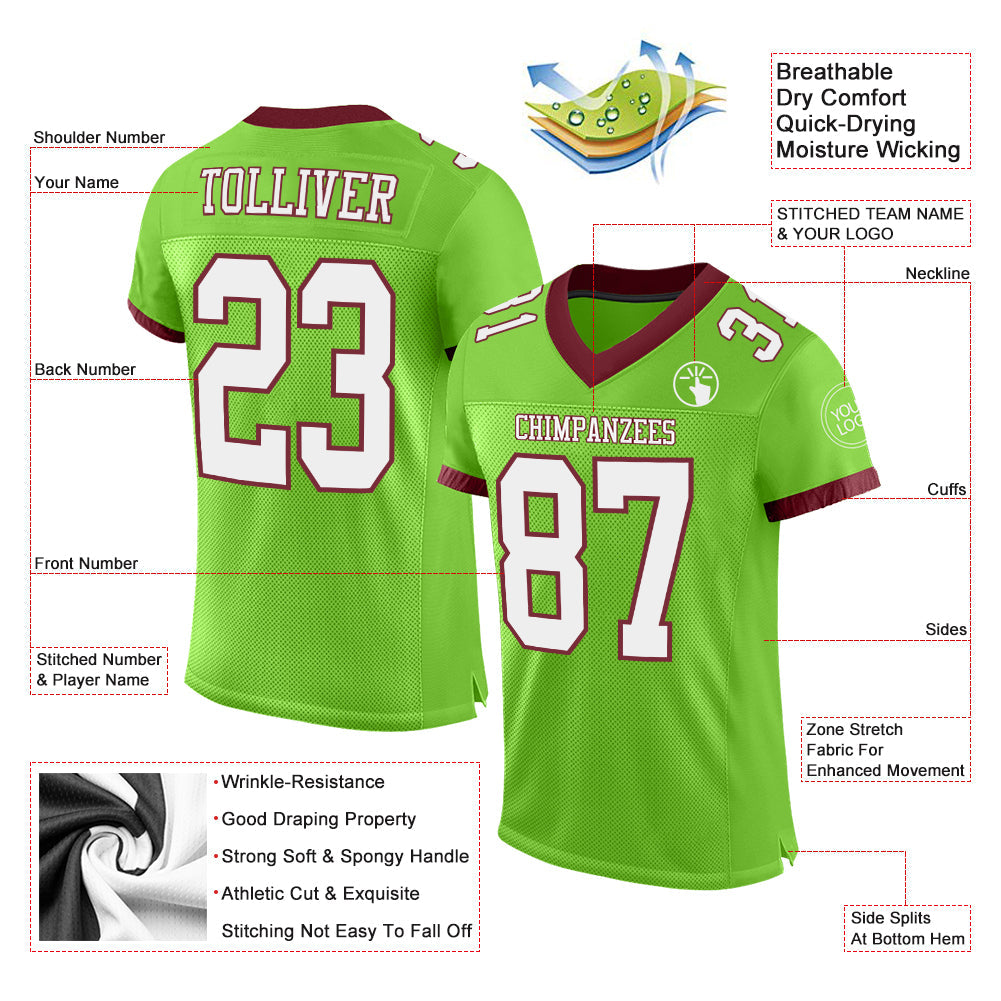Custom Neon Green White-Burgundy Mesh Authentic Football Jersey view 2