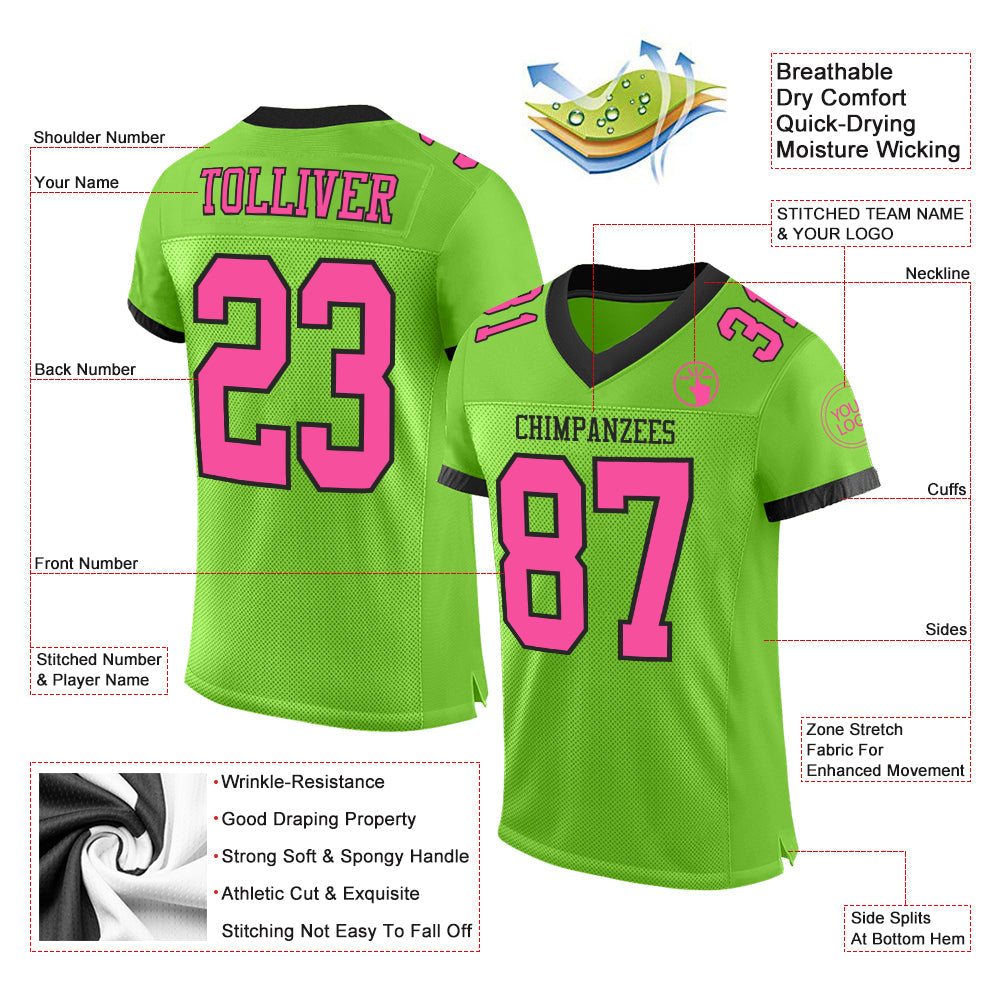 Custom Neon Green Pink-Black Mesh Authentic Football Jersey view 2