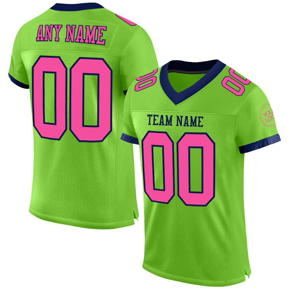 Custom Neon Green Pink-Navy Mesh Authentic Football Jersey - Main View