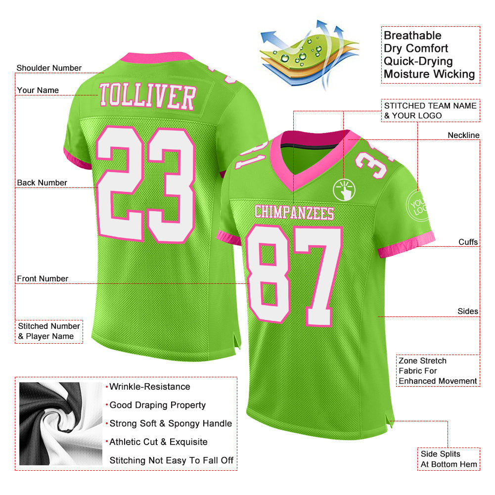 Custom Neon Green White-Pink Mesh Authentic Football Jersey view 2