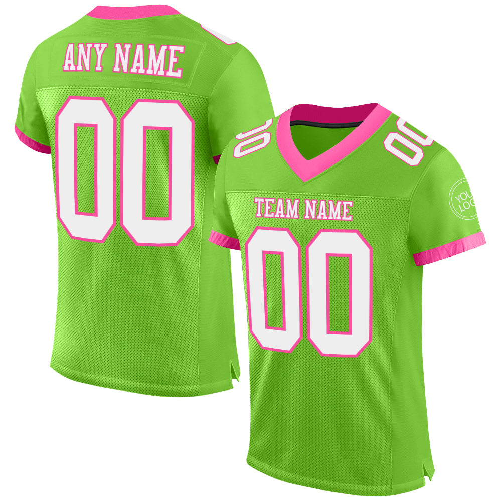 Custom Neon Green White-Pink Mesh Authentic Football Jersey - Main View