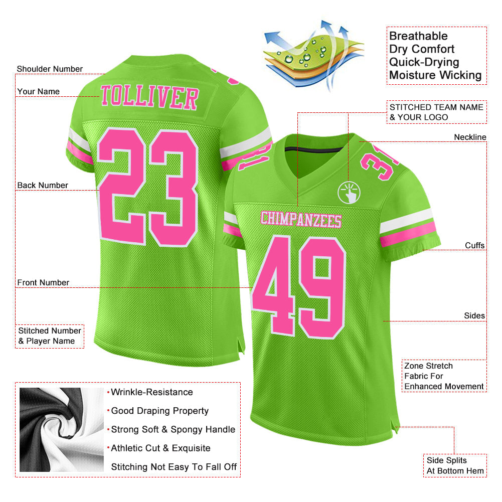 Custom Neon Green Pink-White Mesh Authentic Football Jersey view 2