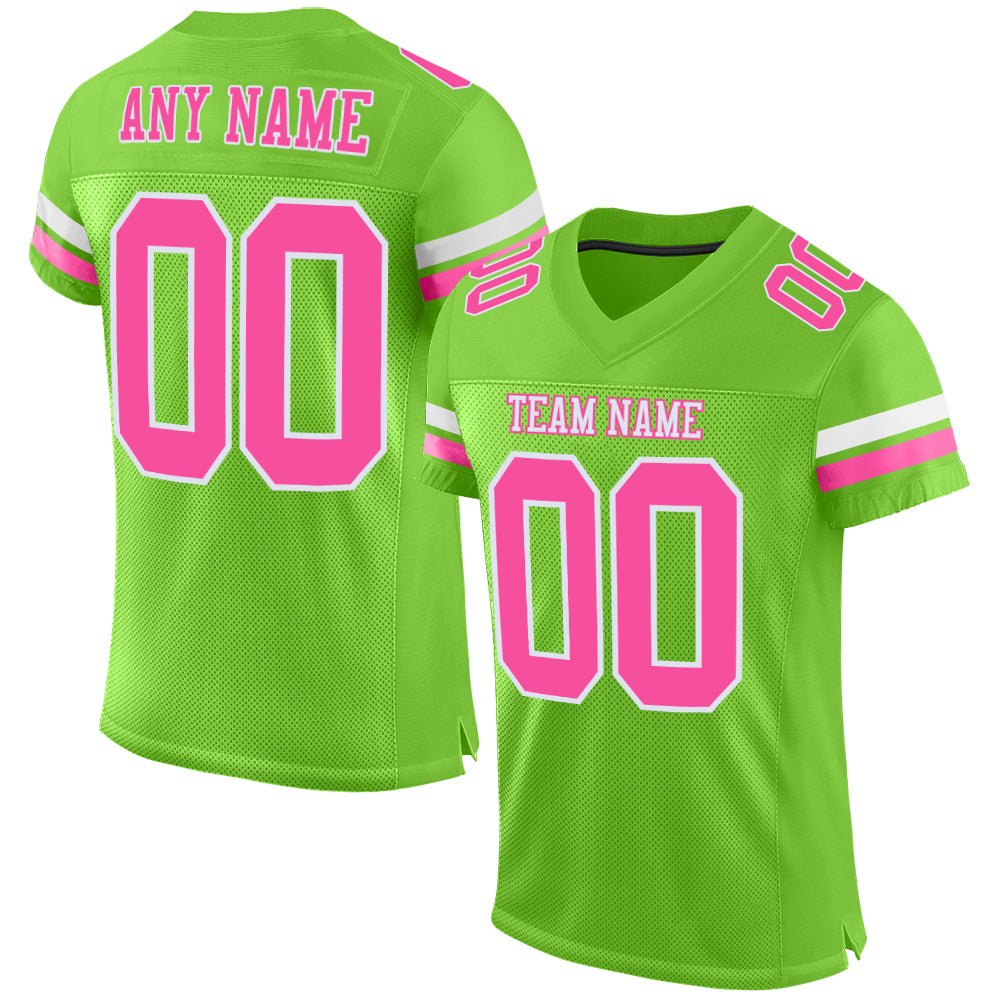 Custom Neon Green Pink-White Mesh Authentic Football Jersey - Main View