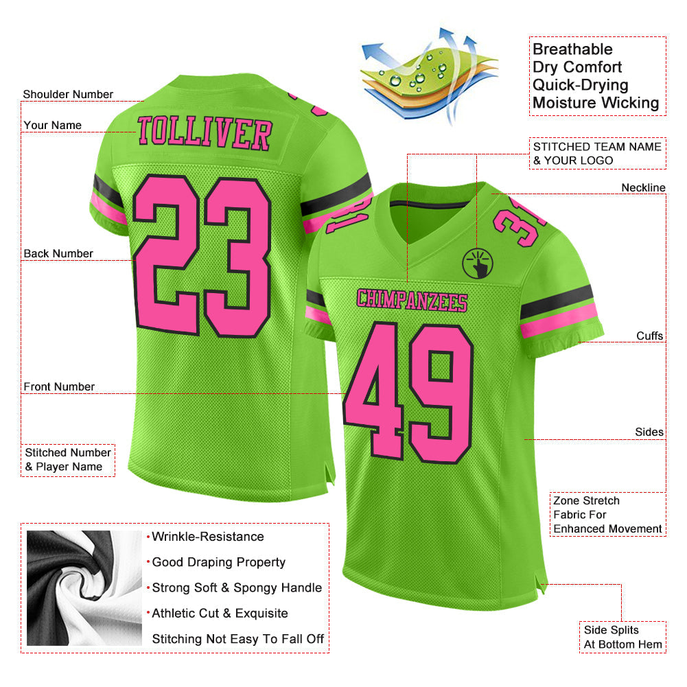 Custom Neon Green Pink-Black Mesh Authentic Football Jersey view 2