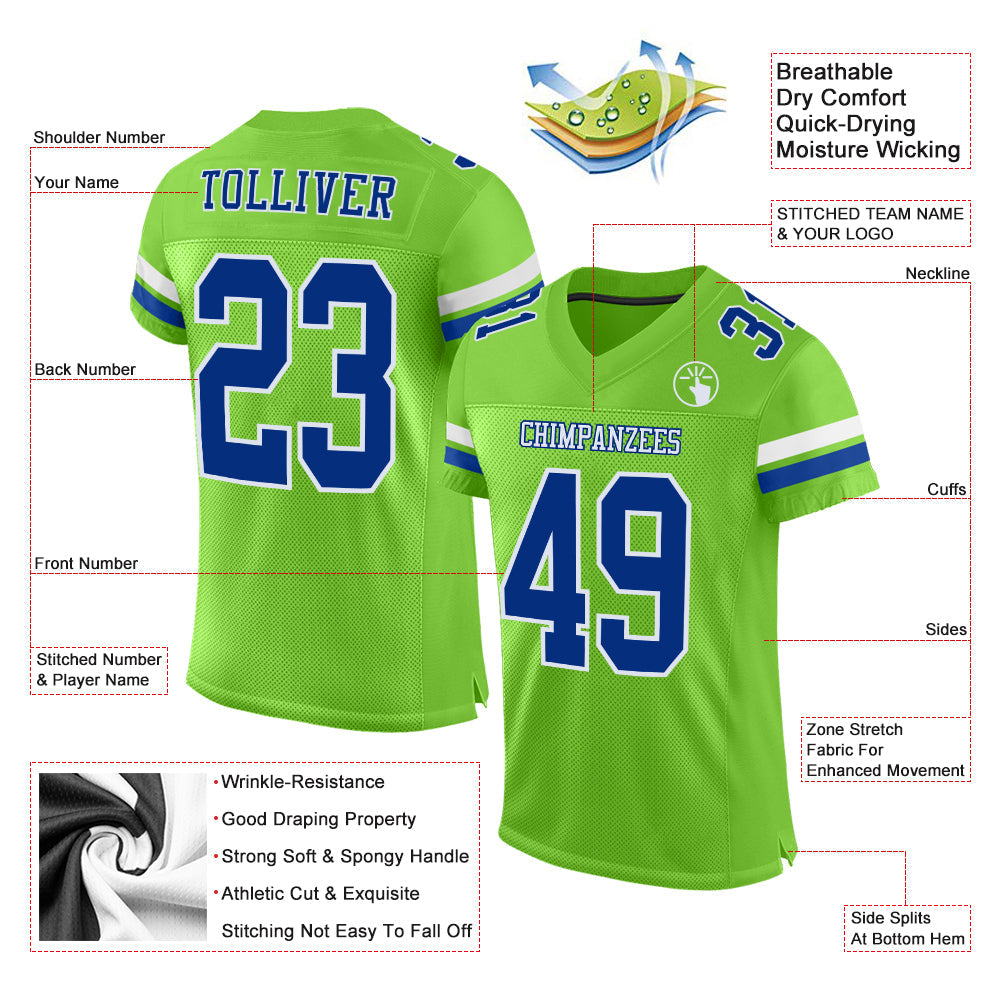 Custom Neon Green Royal-White Mesh Authentic Football Jersey view 2
